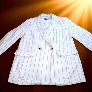 White black stripes linen blend long blazer suit jacket